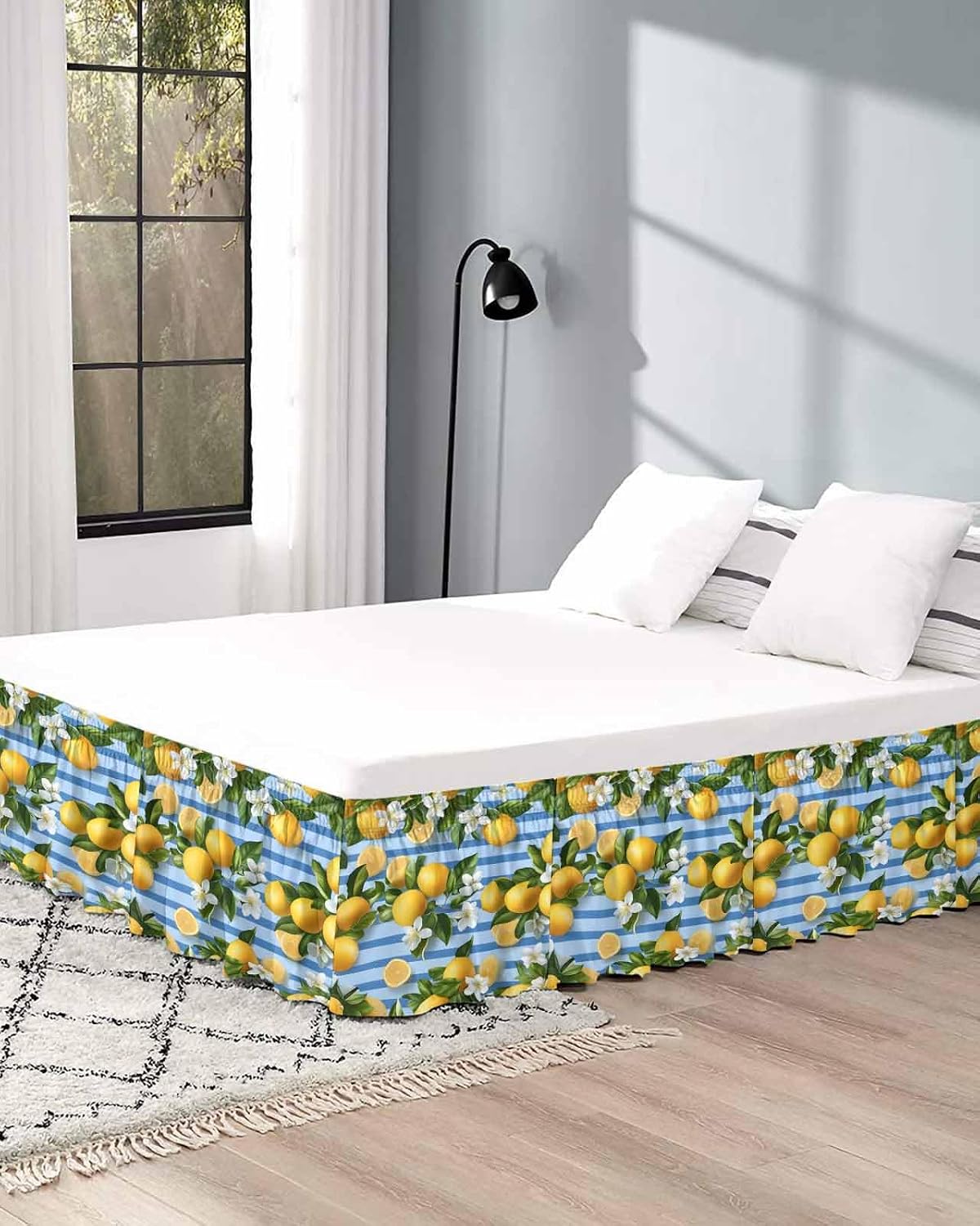 Yellow Lemon Bed Skirt Queen Size 16 Inch Drop, Adjustable Elastic Wrap Around Bed Skirts Easy Fitting Dust Ruffle Bedskirt Bed Frame Cover Summer Fruit Rustic Blue Striped