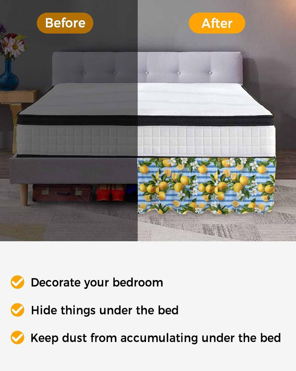Yellow Lemon Bed Skirt Queen Size 16 Inch Drop, Adjustable Elastic Wrap Around Bed Skirts Easy Fitting Dust Ruffle Bedskirt Bed Frame Cover Summer Fruit Rustic Blue Striped