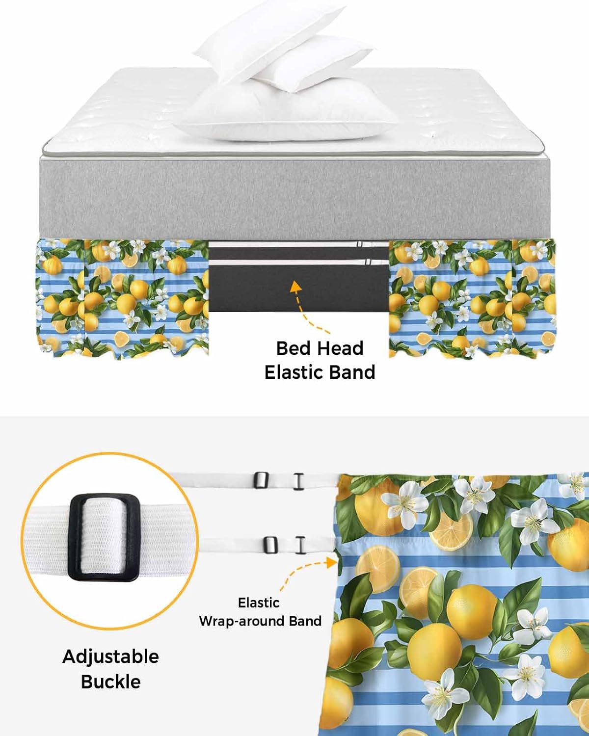 Yellow Lemon Bed Skirt Queen Size 16 Inch Drop, Adjustable Elastic Wrap Around Bed Skirts Easy Fitting Dust Ruffle Bedskirt Bed Frame Cover Summer Fruit Rustic Blue Striped
