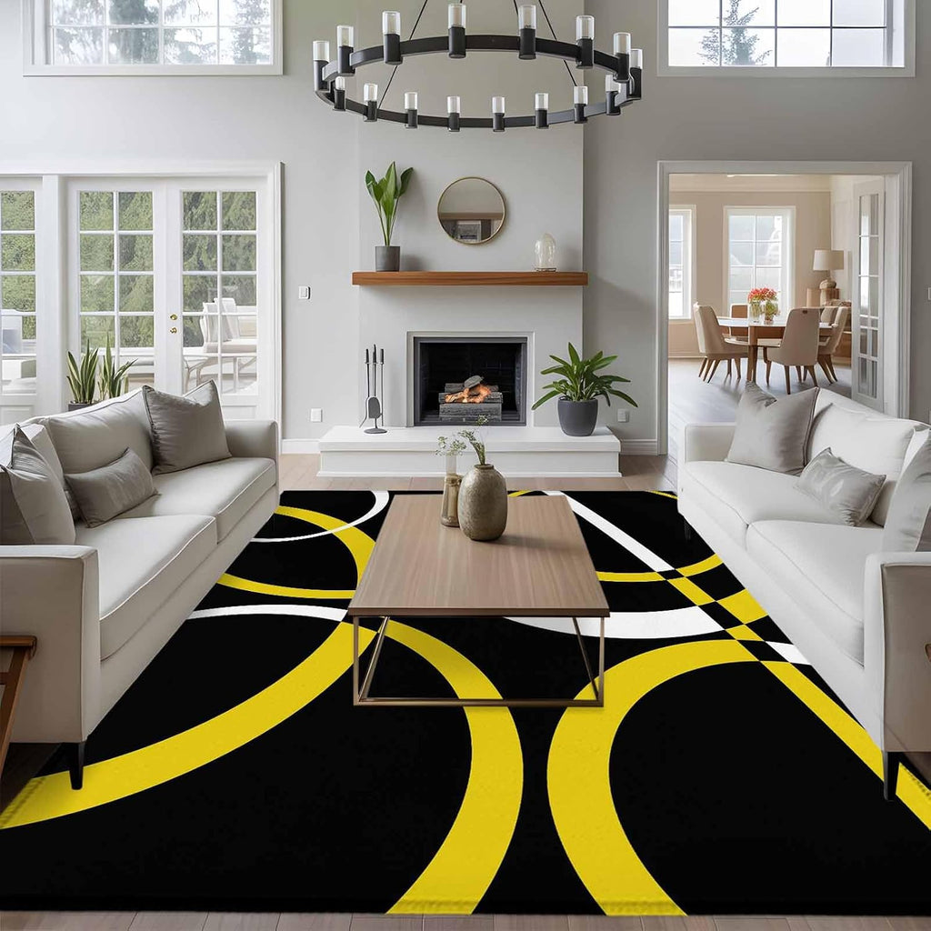 Modern Abstract Art 6x9 Area Rug for Living Room Bedroom, Yellow White Geometric Circle Washable Rugs Absorbent Non-Slip Indoor Large Carpet for Dining Room Home Office Decor