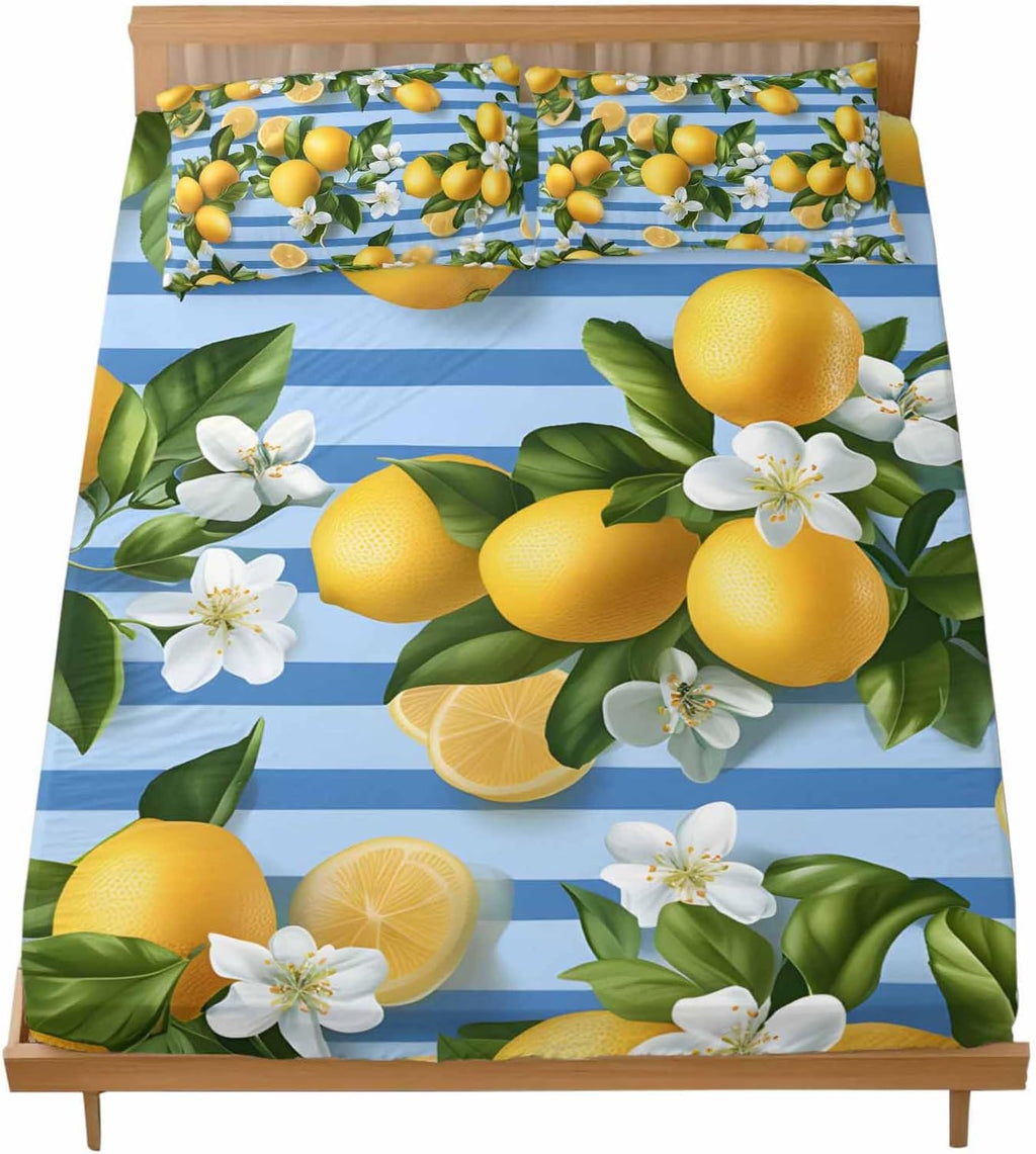 Twin Fitted Sheet and Pillowcase Set, Yellow Lemon Soft Bed Fitted Sheets - Deep Pocket with Elastic Fits Mattress Up to 16", Summer Fruit Rustic Blue Striped Bedding Set with 1 Pillow Case