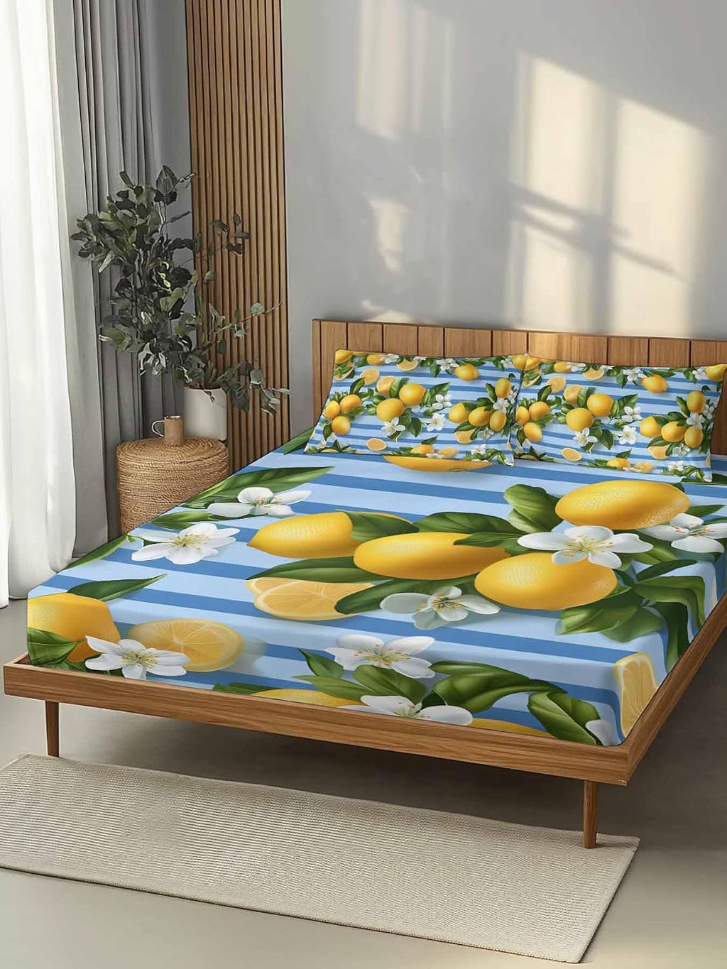 Twin Fitted Sheet and Pillowcase Set, Yellow Lemon Soft Bed Fitted Sheets - Deep Pocket with Elastic Fits Mattress Up to 16", Summer Fruit Rustic Blue Striped Bedding Set with 1 Pillow Case