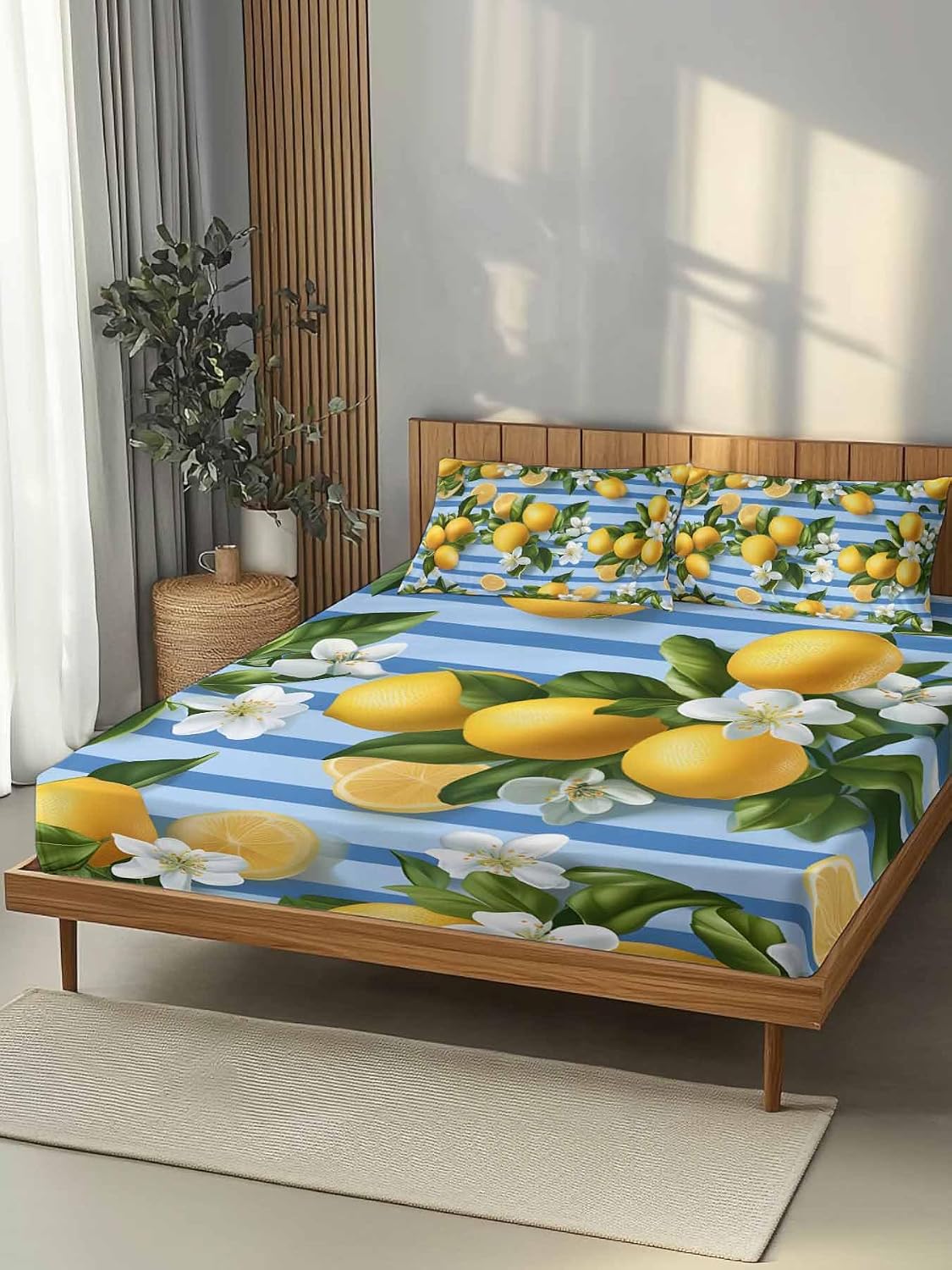 Twin Fitted Sheet and Pillowcase Set, Yellow Lemon Soft Bed Fitted Sheets - Deep Pocket with Elastic Fits Mattress Up to 16", Summer Fruit Rustic Blue Striped Bedding Set with 1 Pillow Case