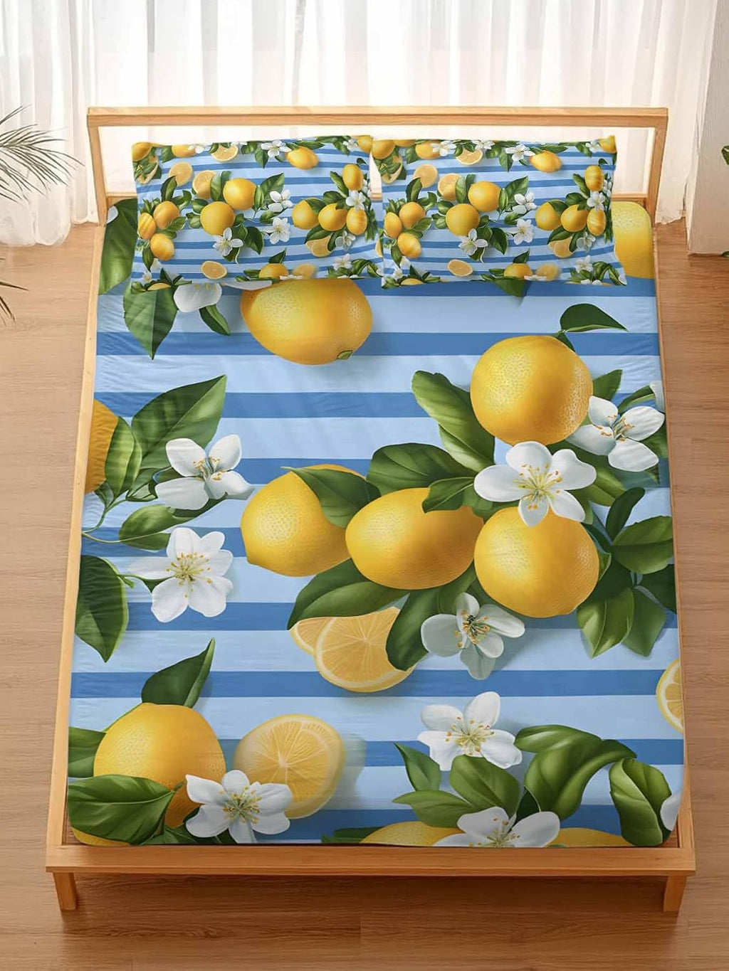Twin Fitted Sheet and Pillowcase Set, Yellow Lemon Soft Bed Fitted Sheets - Deep Pocket with Elastic Fits Mattress Up to 16", Summer Fruit Rustic Blue Striped Bedding Set with 1 Pillow Case