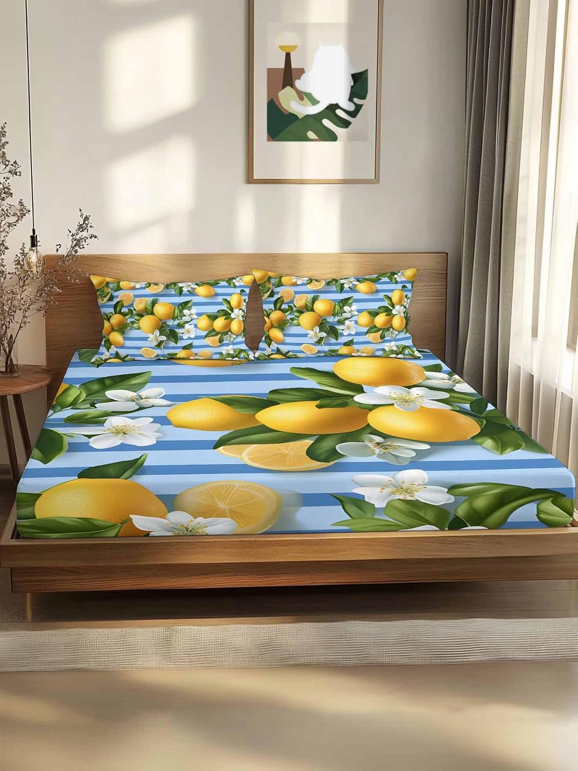 Twin Fitted Sheet and Pillowcase Set, Yellow Lemon Soft Bed Fitted Sheets - Deep Pocket with Elastic Fits Mattress Up to 16", Summer Fruit Rustic Blue Striped Bedding Set with 1 Pillow Case