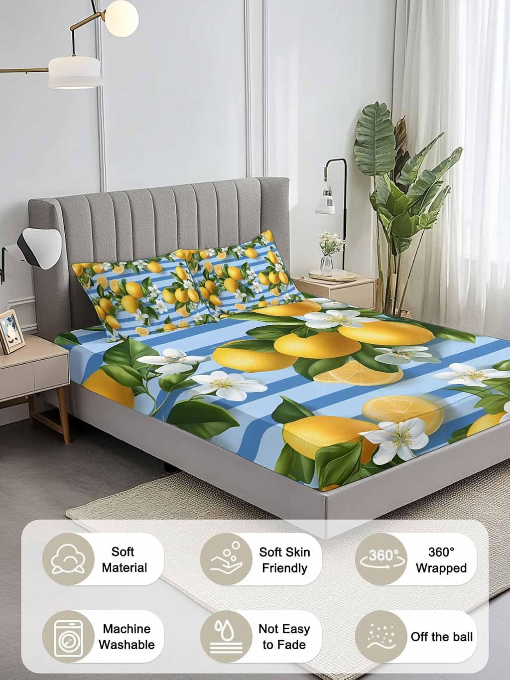 Twin Fitted Sheet and Pillowcase Set, Yellow Lemon Soft Bed Fitted Sheets - Deep Pocket with Elastic Fits Mattress Up to 16", Summer Fruit Rustic Blue Striped Bedding Set with 1 Pillow Case
