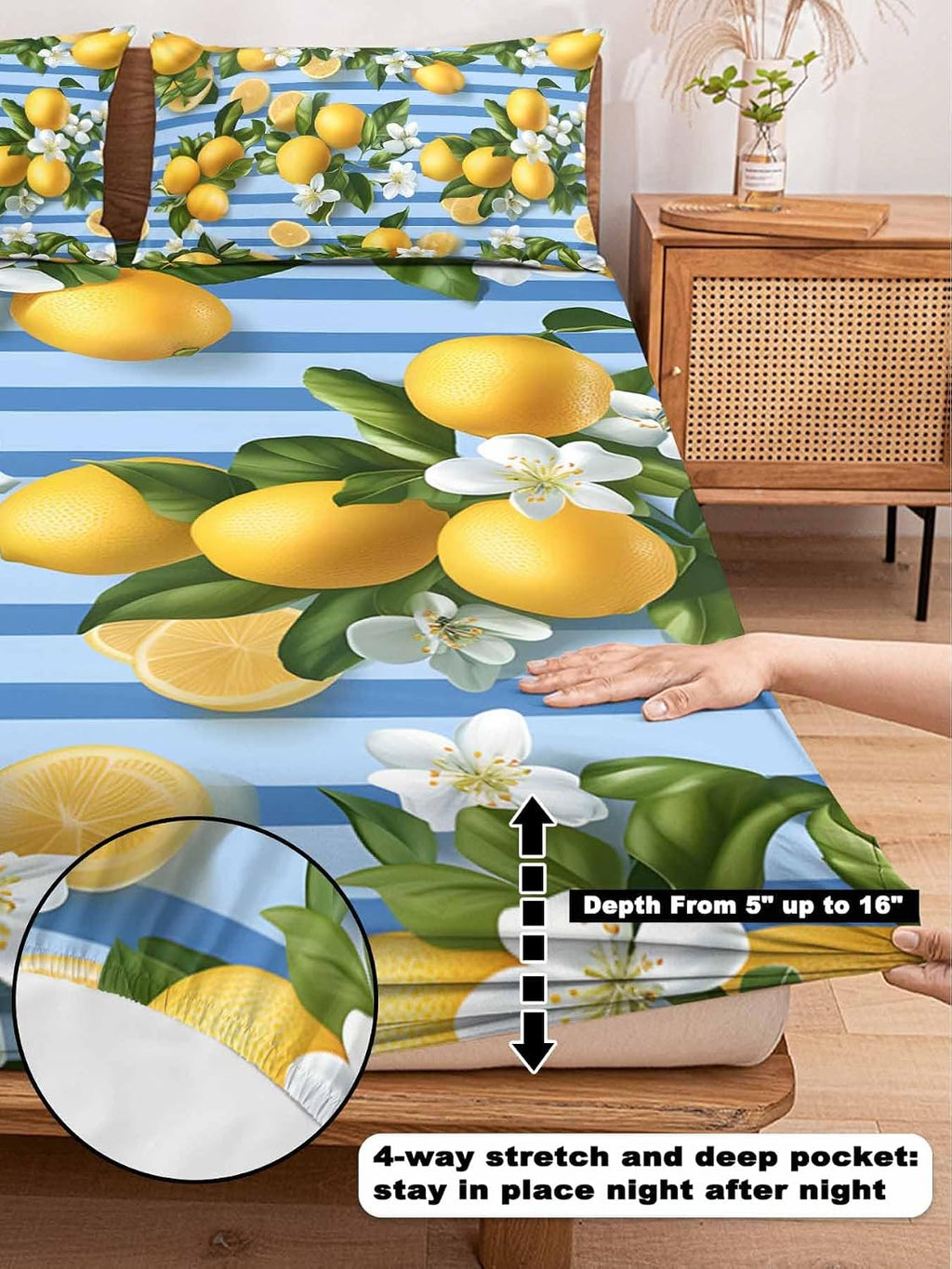 Twin Fitted Sheet and Pillowcase Set, Yellow Lemon Soft Bed Fitted Sheets - Deep Pocket with Elastic Fits Mattress Up to 16", Summer Fruit Rustic Blue Striped Bedding Set with 1 Pillow Case