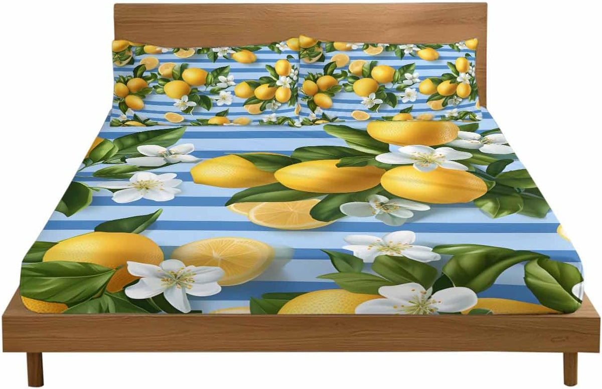 Twin Fitted Sheet and Pillowcase Set, Yellow Lemon Soft Bed Fitted Sheets - Deep Pocket with Elastic Fits Mattress Up to 16", Summer Fruit Rustic Blue Striped Bedding Set with 1 Pillow Case