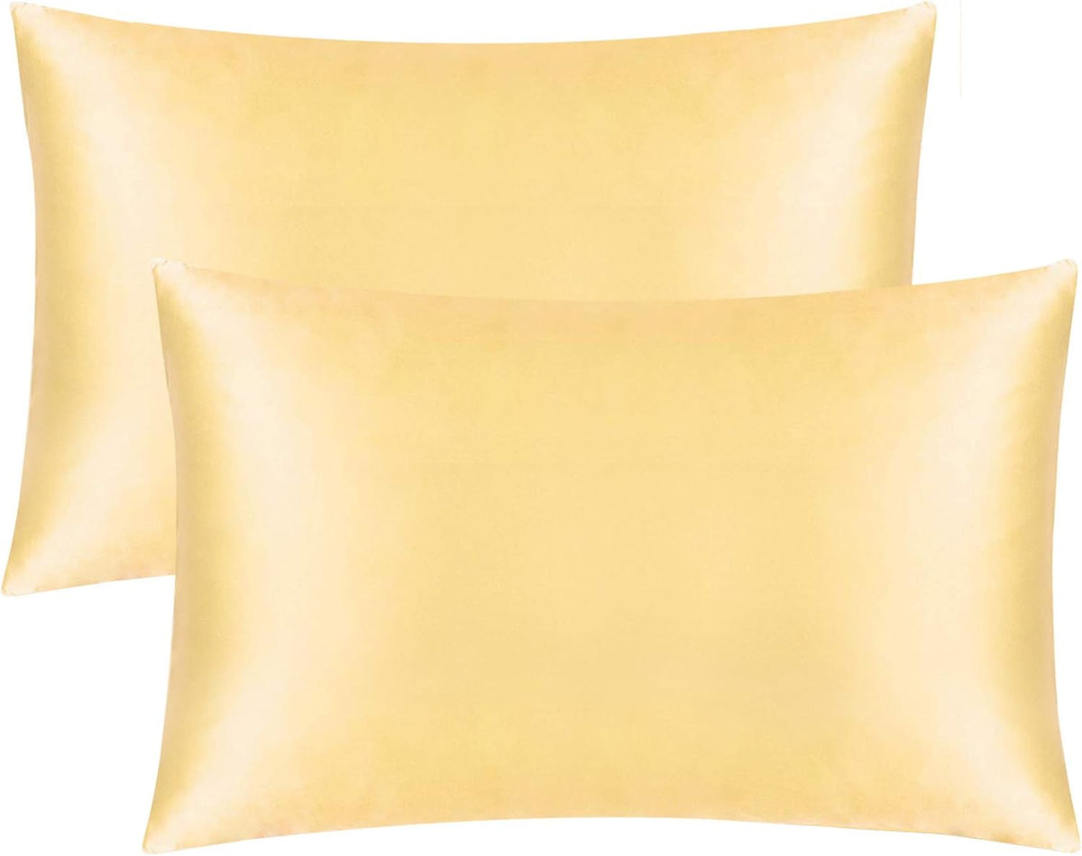 2 Pack Zippered Satin Queen Pillowcases, Yellow