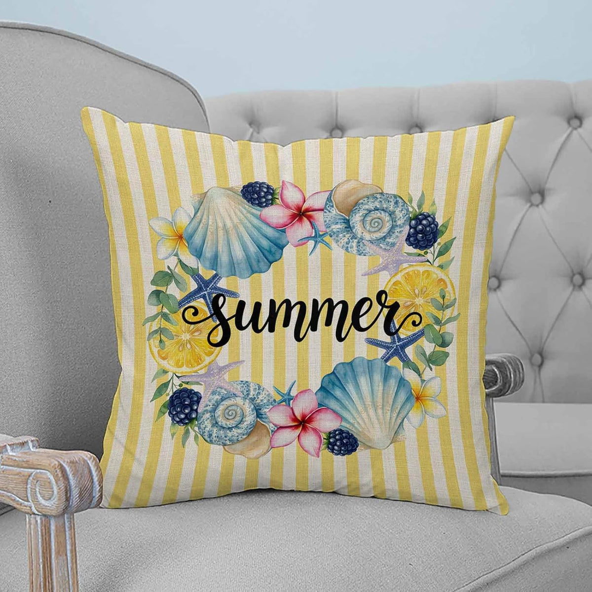 Summer 2PCS Throw Pillow Covers for Couch Sofa Bed, Lemons Starfish Flower Stripes Yellow Vintage Pillow Covers 18x18 inch, Standard Pillowcases Set Decorative Cushion Covers for Living Room Bedroom