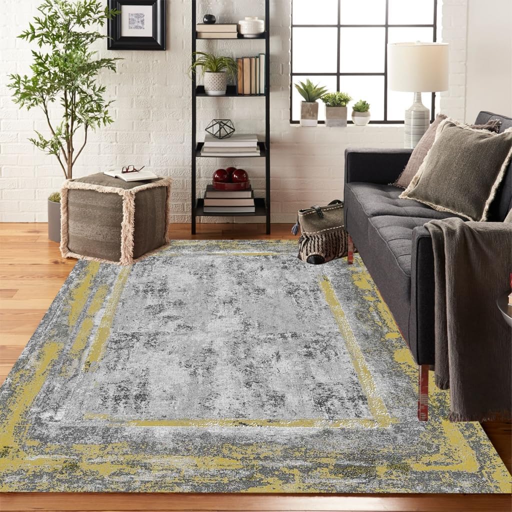 Yellow Grey Striped Pattern Modern Abstract Area Rug 3x5 Non Shedding Faux Wool Neutral Rug for Living Room Bedroom Diningroom Soft Shag Plush Throw Carpet Home Office Kitchen Indoor Rug Runner