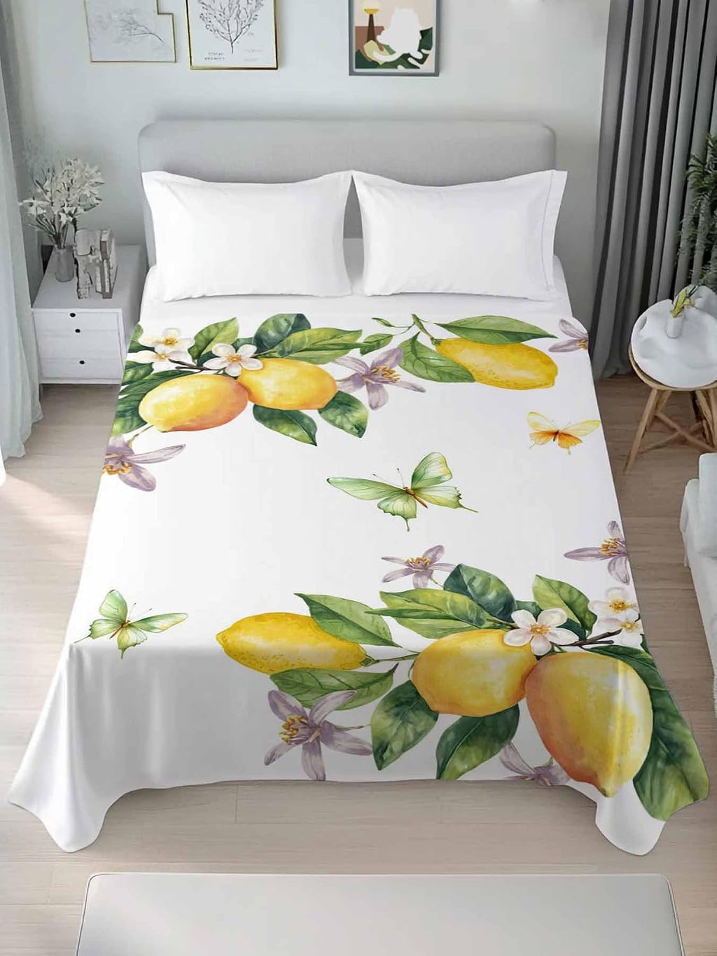 Twin Flat Sheet Only,Vintage Farm Lemon Flowers Top Sheet Breathable Soft Brushed Polyester Microfiber Bed Sheets,Yellow Fruit Butterfly Floral Hotel Luxury Bedding Sheets for Women,Men,Teens