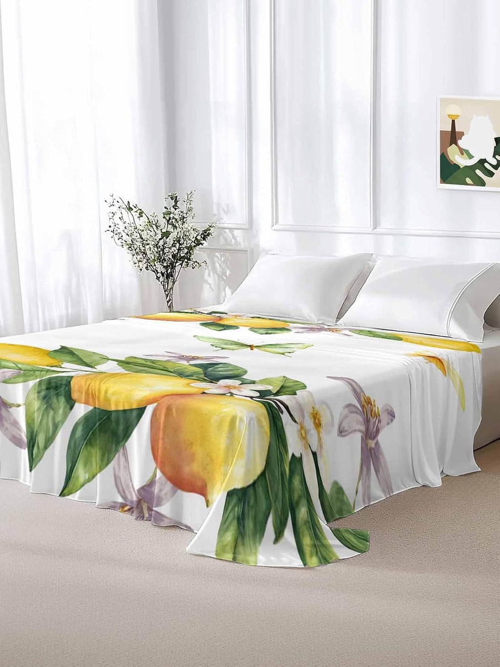 Twin Flat Sheet Only,Vintage Farm Lemon Flowers Top Sheet Breathable Soft Brushed Polyester Microfiber Bed Sheets,Yellow Fruit Butterfly Floral Hotel Luxury Bedding Sheets for Women,Men,Teens