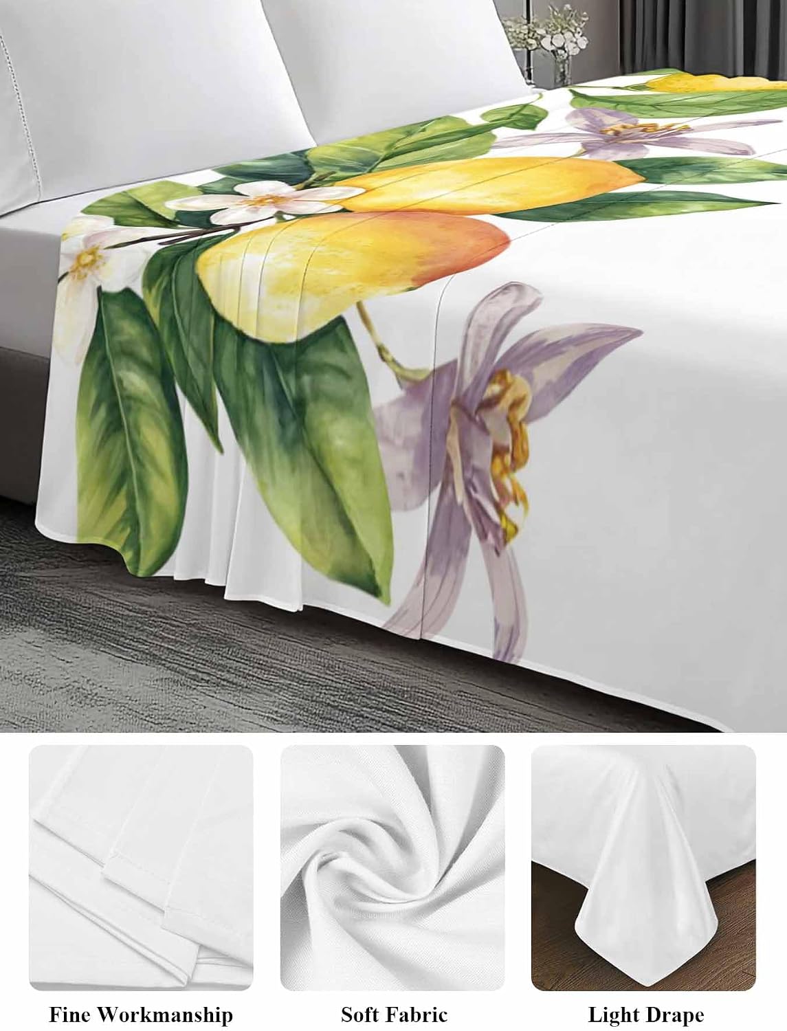 Twin Flat Sheet Only,Vintage Farm Lemon Flowers Top Sheet Breathable Soft Brushed Polyester Microfiber Bed Sheets,Yellow Fruit Butterfly Floral Hotel Luxury Bedding Sheets for Women,Men,Teens