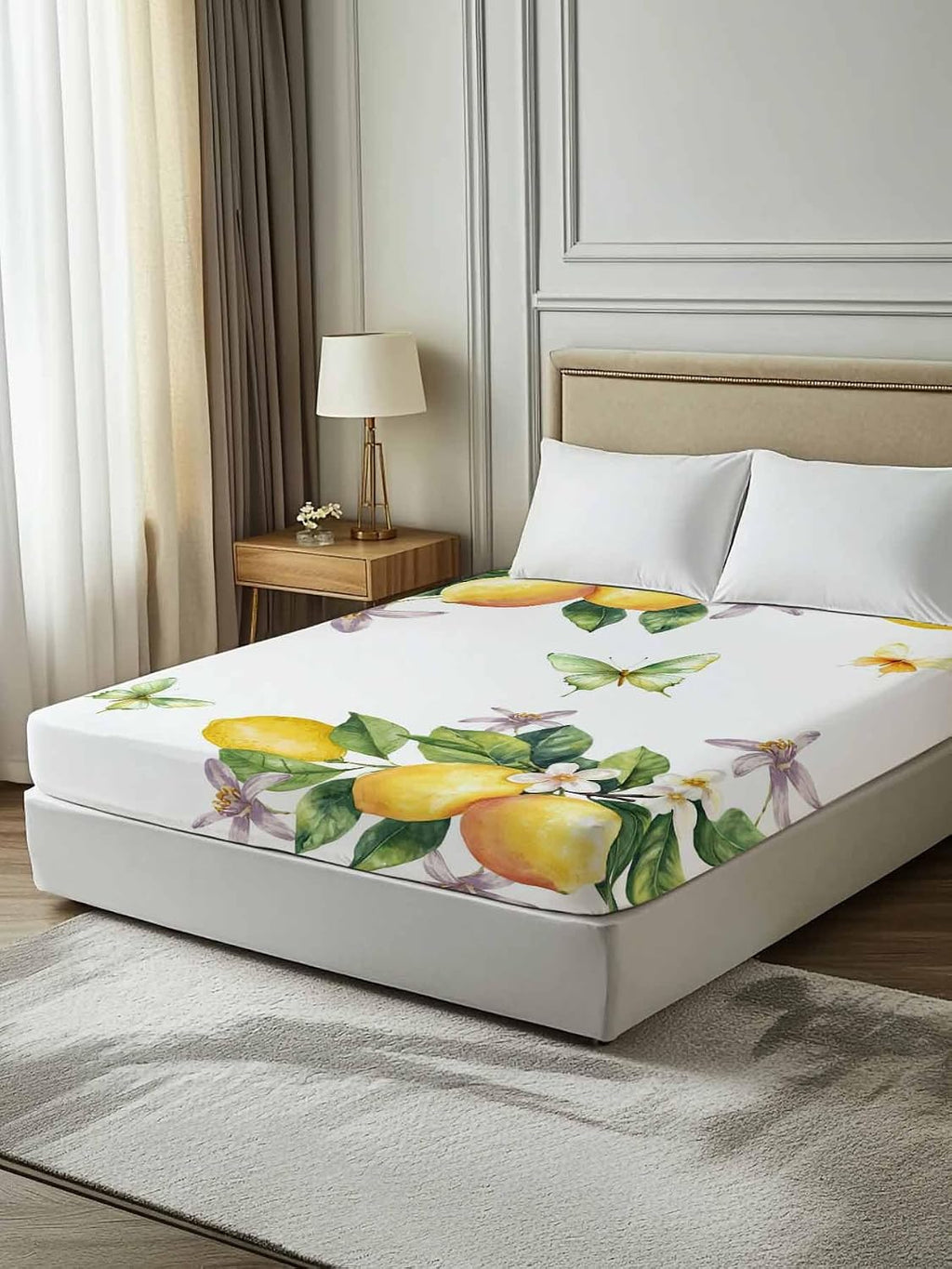 Twin Flat Sheet Only,Vintage Farm Lemon Flowers Top Sheet Breathable Soft Brushed Polyester Microfiber Bed Sheets,Yellow Fruit Butterfly Floral Hotel Luxury Bedding Sheets for Women,Men,Teens