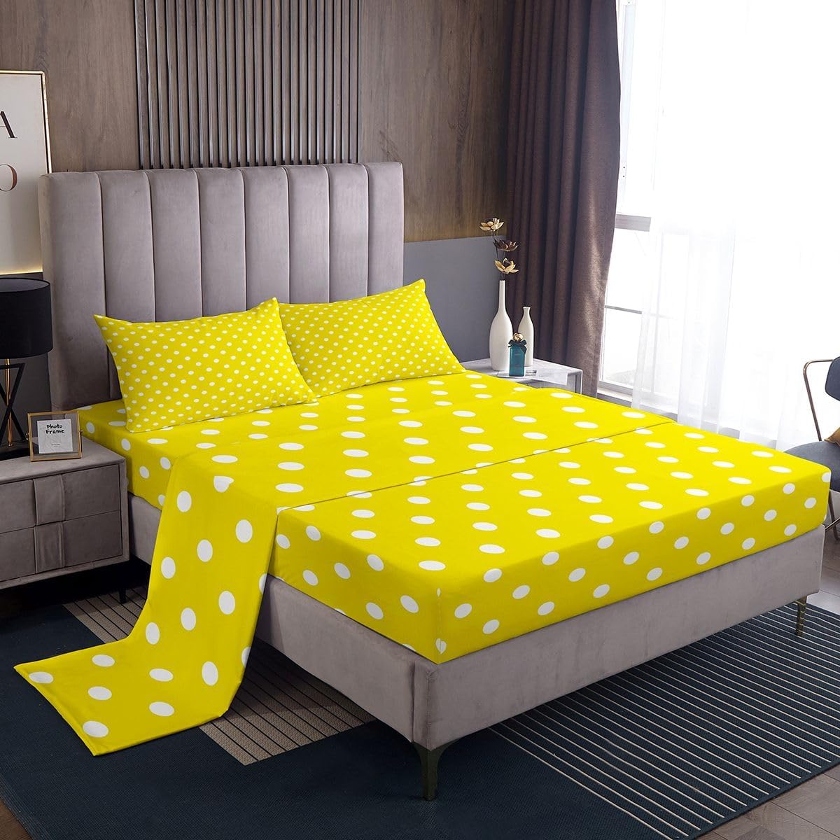 Yellow White Polka Dot Bed Sheets Set King Size Retro Cute Polka Dot Bed Set Geometric Deep Pocket Fitted Sheet Luxury Breathable Soft Lightweight Microfiber