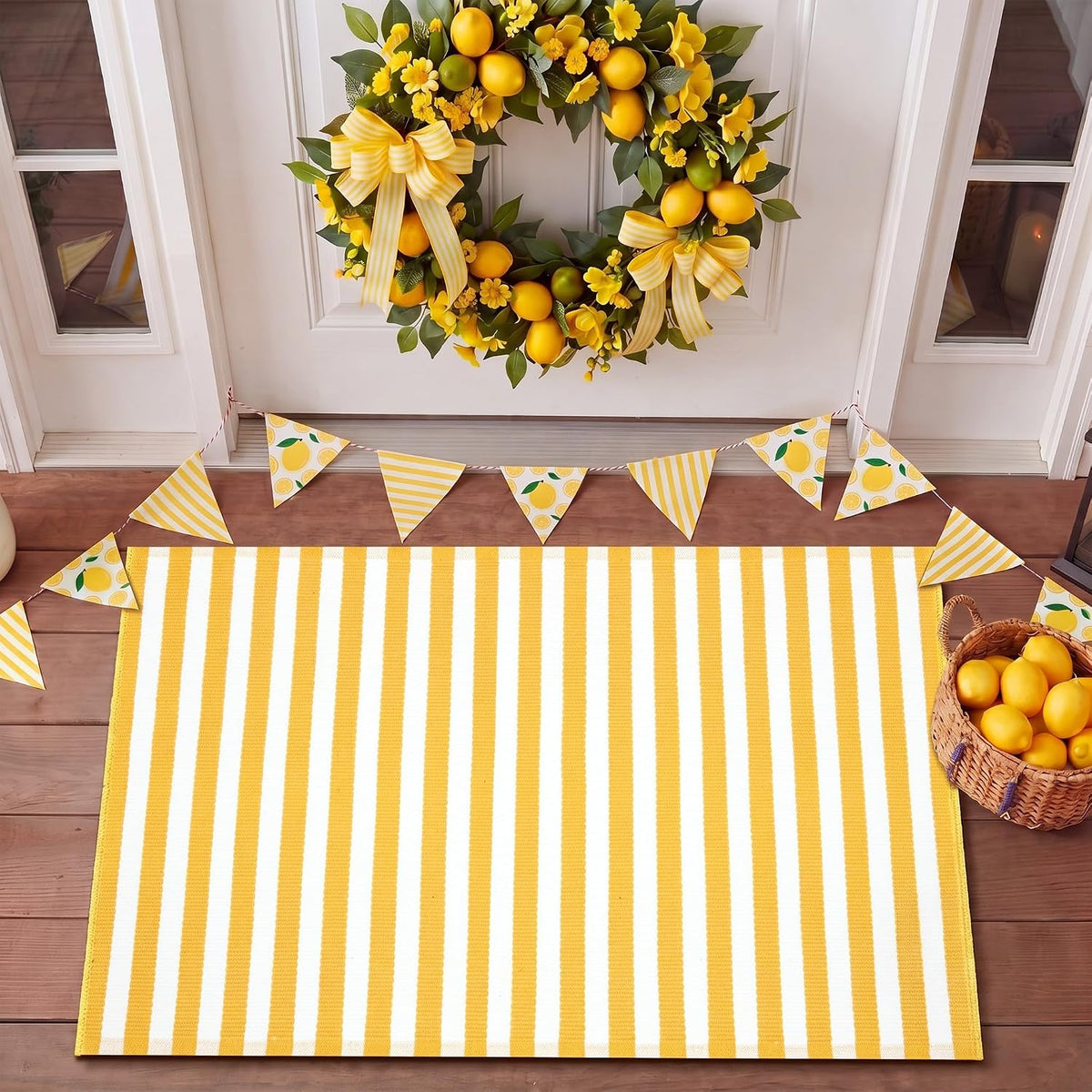 2' X 3' Yellow and White Fall Vertical Stripe Outdoor Rug