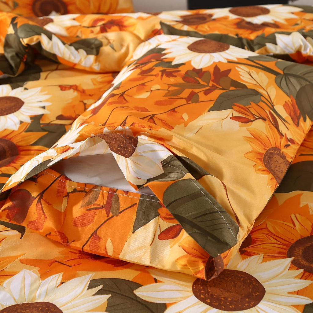 4Pcs Floral Queen Size Bed Sheets,Floral Microfiber Bedding Sheet Sets,Boho Yellow Sunflowers Pattern,included 1 Fitted Sheet 14''Deep Pocket + 1 Flat Sheet + 2 Pillowcases,Breathable and Wrinkle.