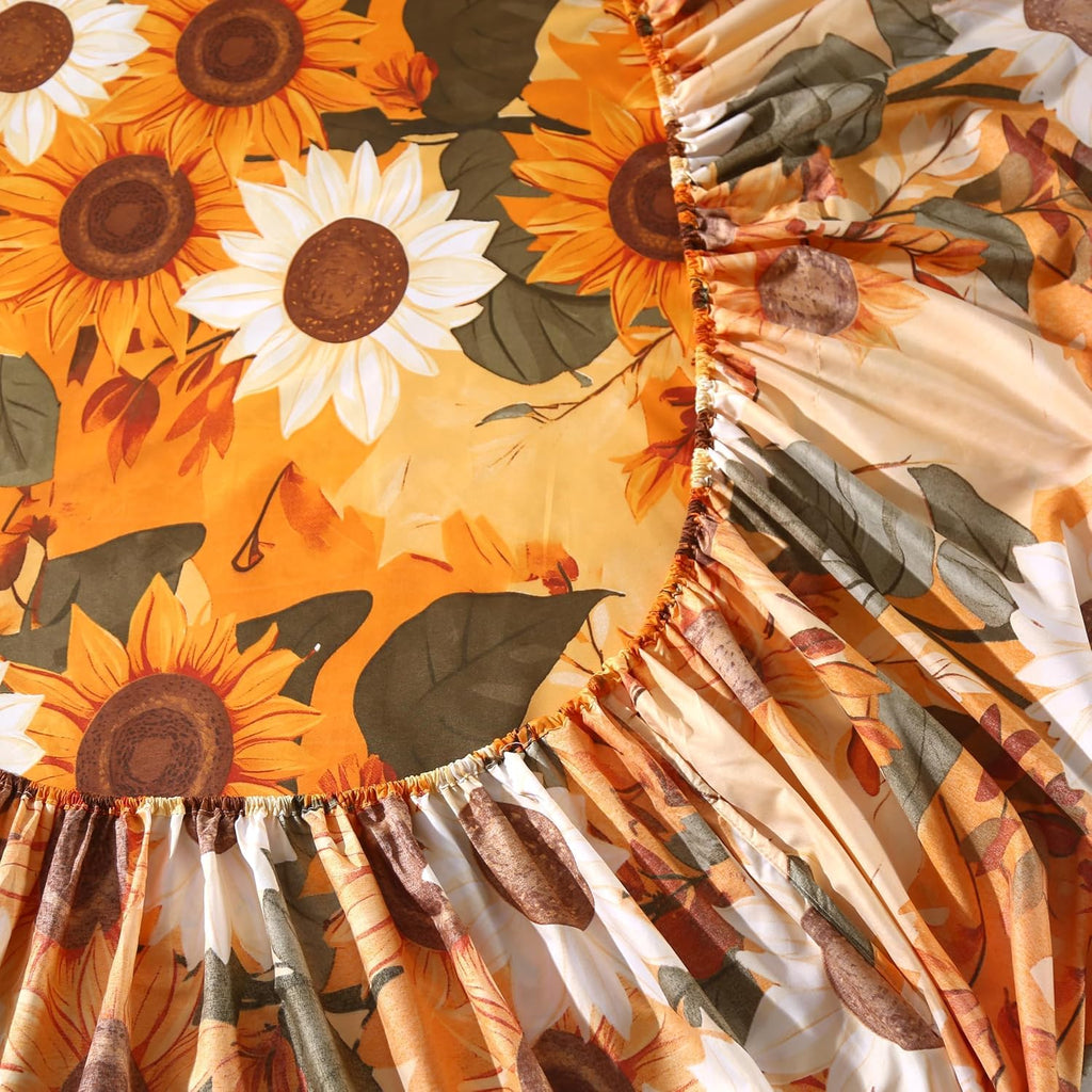 4Pcs Floral Queen Size Bed Sheets,Floral Microfiber Bedding Sheet Sets,Boho Yellow Sunflowers Pattern,included 1 Fitted Sheet 14''Deep Pocket + 1 Flat Sheet + 2 Pillowcases,Breathable and Wrinkle.