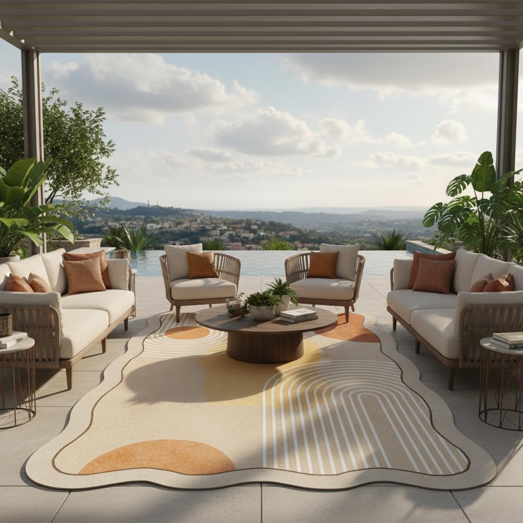 5x7 Unique Minimalist Geometric Cream Style Beige Orange Yellow Irregular Shaped Rug for Living Room Bedroom Diningroom Soft Wool Foldable Quick Dry Carpet Under Table Office Aesthetic Floor Rug