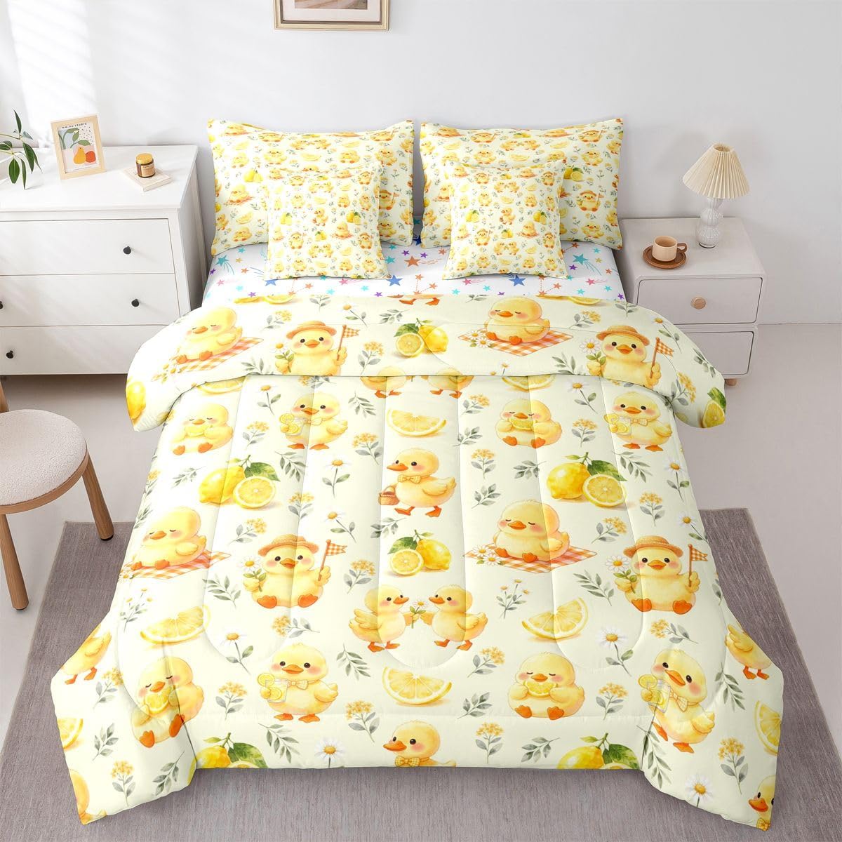 Kawaii Yellow Duck Queen Bedding Set 7 Piece Cute Cartoon Rubber Duck Bed in A Bag with Sheets Rustic Daisy Floral Comforter Set for Kids Adults,Summer Fruit Lemon Bed Sets