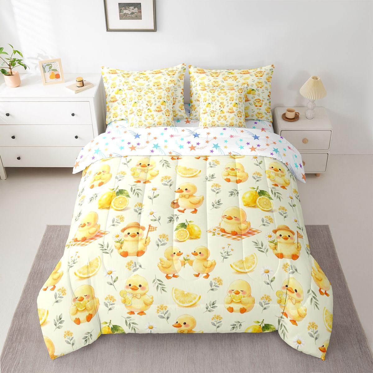 Kawaii Yellow Duck Queen Bedding Set 7 Piece Cute Cartoon Rubber Duck Bed in A Bag with Sheets Rustic Daisy Floral Comforter Set for Kids Adults,Summer Fruit Lemon Bed Sets