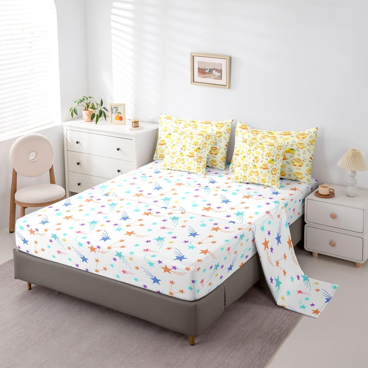 Kawaii Yellow Duck Queen Bedding Set 7 Piece Cute Cartoon Rubber Duck Bed in A Bag with Sheets Rustic Daisy Floral Comforter Set for Kids Adults,Summer Fruit Lemon Bed Sets