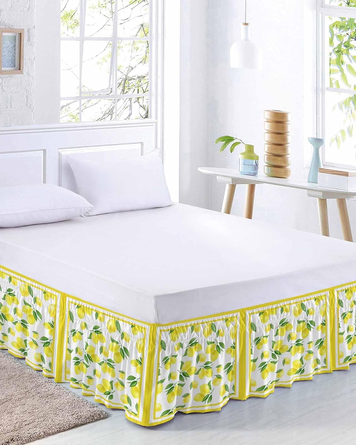 Yellow Lemon Bed Skirt Queen Size 16 Inch Drop, Adjustable Elastic Wrap Around Bed Skirts Easy Fitting Dust Ruffle Bedskirt Bed Frame Cover Summer Watercolor Fruits Leaf