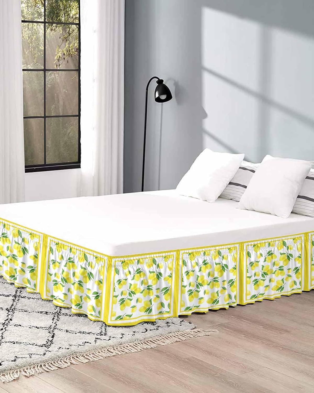 Yellow Lemon Bed Skirt Queen Size 16 Inch Drop, Adjustable Elastic Wrap Around Bed Skirts Easy Fitting Dust Ruffle Bedskirt Bed Frame Cover Summer Watercolor Fruits Leaf