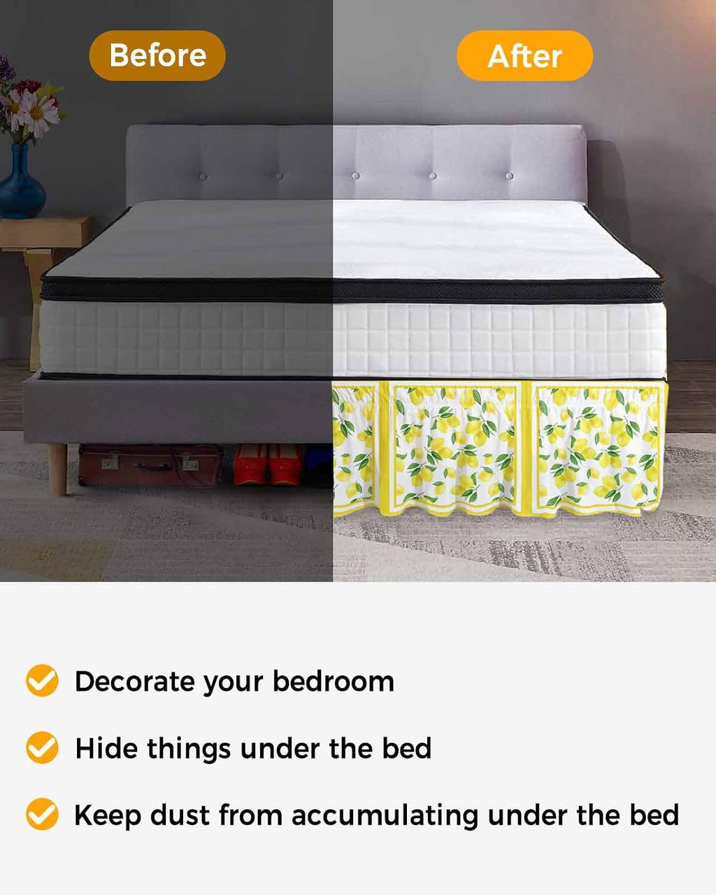 Yellow Lemon Bed Skirt Queen Size 16 Inch Drop, Adjustable Elastic Wrap Around Bed Skirts Easy Fitting Dust Ruffle Bedskirt Bed Frame Cover Summer Watercolor Fruits Leaf