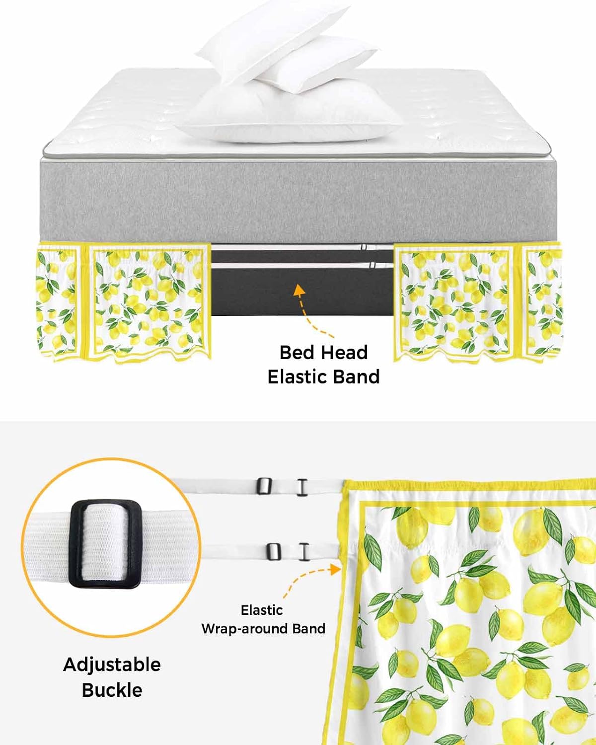 Yellow Lemon Bed Skirt Queen Size 16 Inch Drop, Adjustable Elastic Wrap Around Bed Skirts Easy Fitting Dust Ruffle Bedskirt Bed Frame Cover Summer Watercolor Fruits Leaf