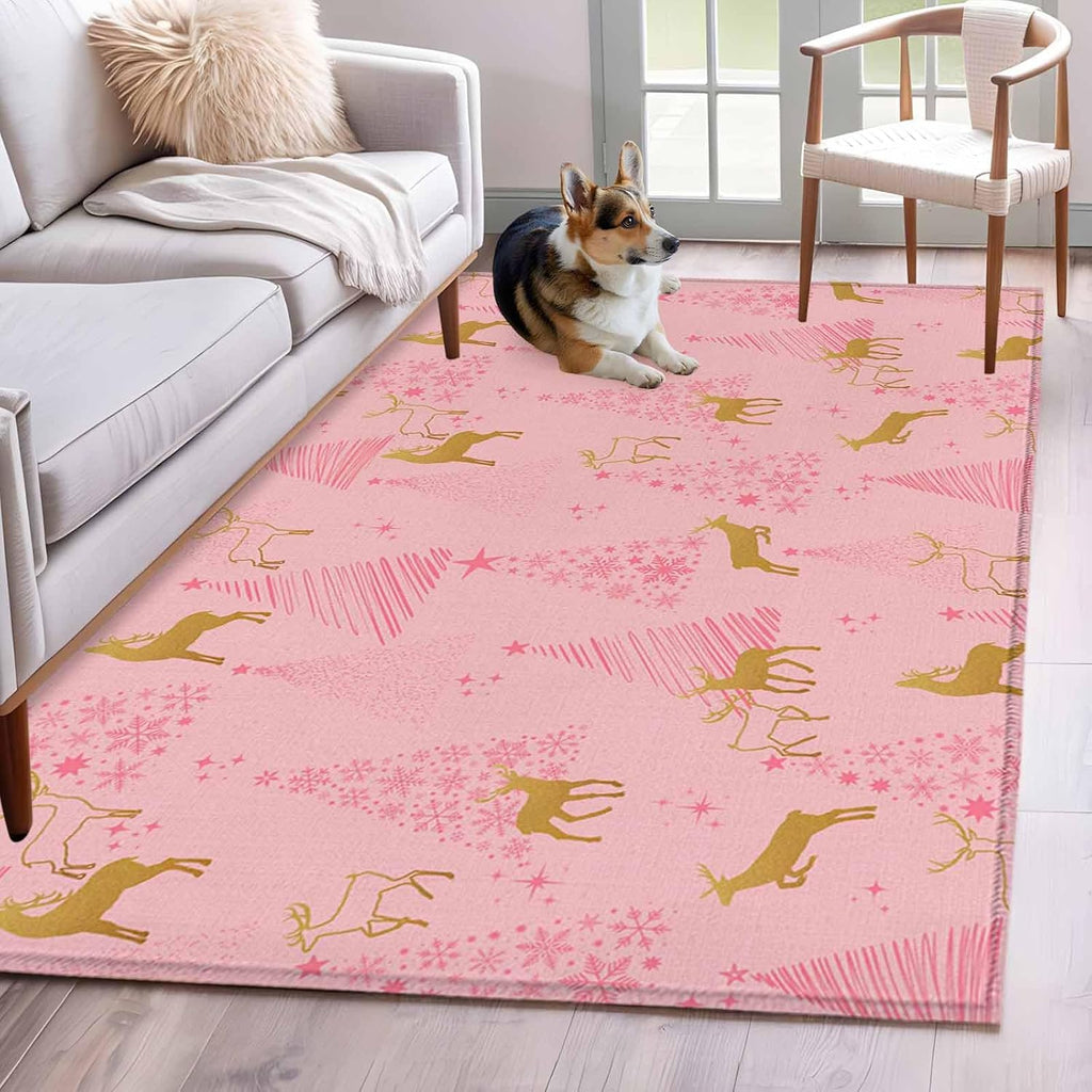 Hallway Runner Rugs 2.7x5 Ft, Christmas Pink Non Slip Area Rugs for Kitchen Bedroom Entryway, Yellow Reindeer Xmas Pine Trees Winter Washable Carpet Runner Rug Floor Mats for Bedroom Home Decor