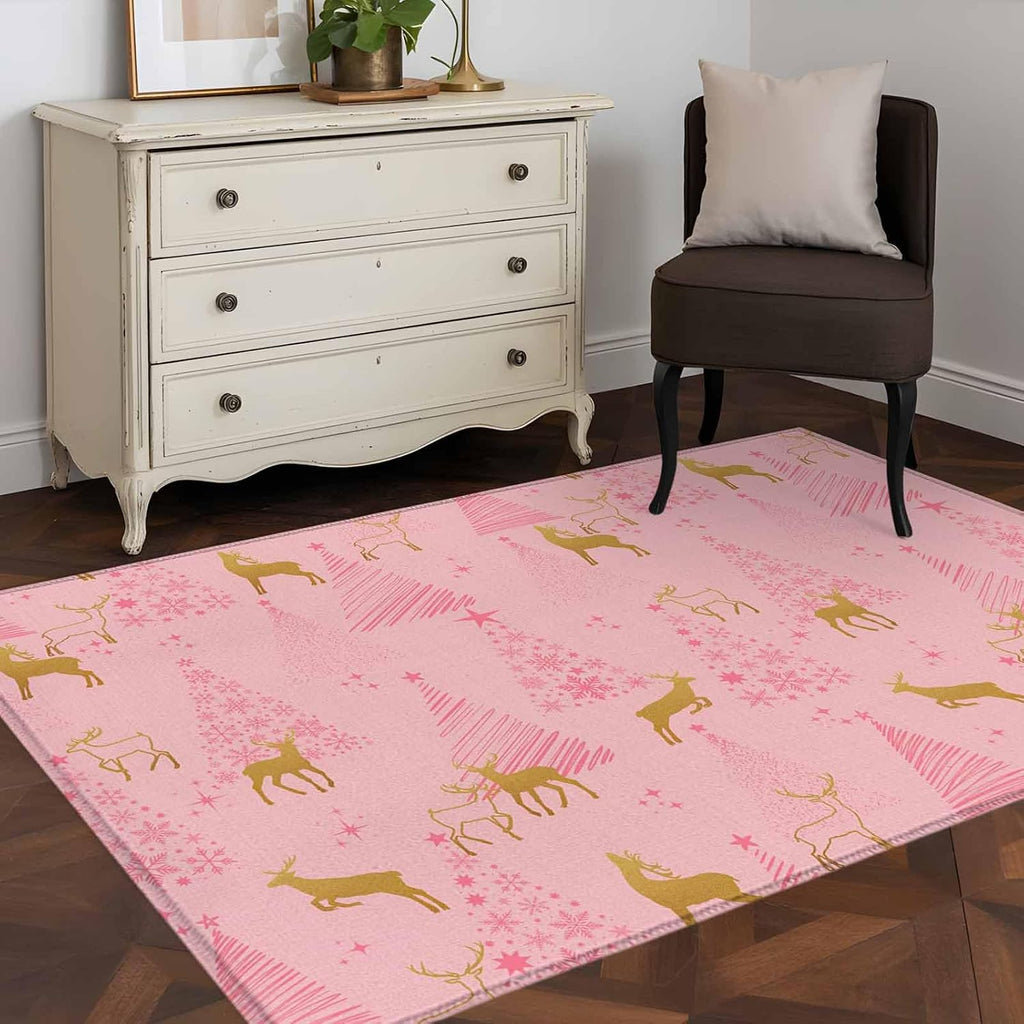 Hallway Runner Rugs 2.7x5 Ft, Christmas Pink Non Slip Area Rugs for Kitchen Bedroom Entryway, Yellow Reindeer Xmas Pine Trees Winter Washable Carpet Runner Rug Floor Mats for Bedroom Home Decor
