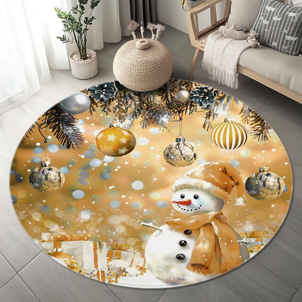 Round Area Rug Yellow Christmas Snowman Winter Xmas Ball Snowflake Pine Branch Funny Happy New Year Holiday Fantasy Circular Rugs Mat for Bedroom Living Room Carpet