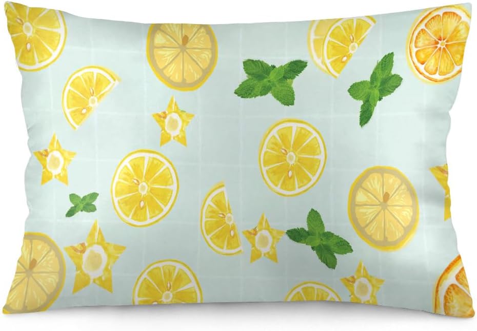Summer Lemon Pillow Cases Yellow Lemon Slice Green Leaves Pillowcases Summer Decorative Standard Size 20x26 Inch Throw Pillow Covers for Bed Bedroom Sleeping