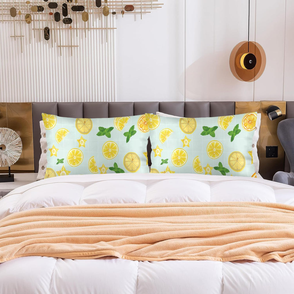 Summer Lemon Pillow Cases Yellow Lemon Slice Green Leaves Pillowcases Summer Decorative Standard Size 20x26 Inch Throw Pillow Covers for Bed Bedroom Sleeping