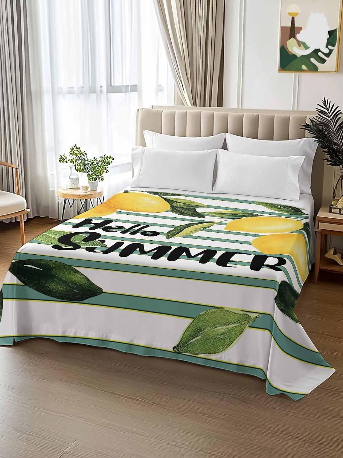 Flat Sheets Queen Size Bedding Sheet,Summer Yellow Lemon Leaf on Striped Soft Microfiber Breathable Top Sheets for Bedroom Hotel Luxury-1 Bed Flat Sheet Only,Farmhouse Fruit Theme