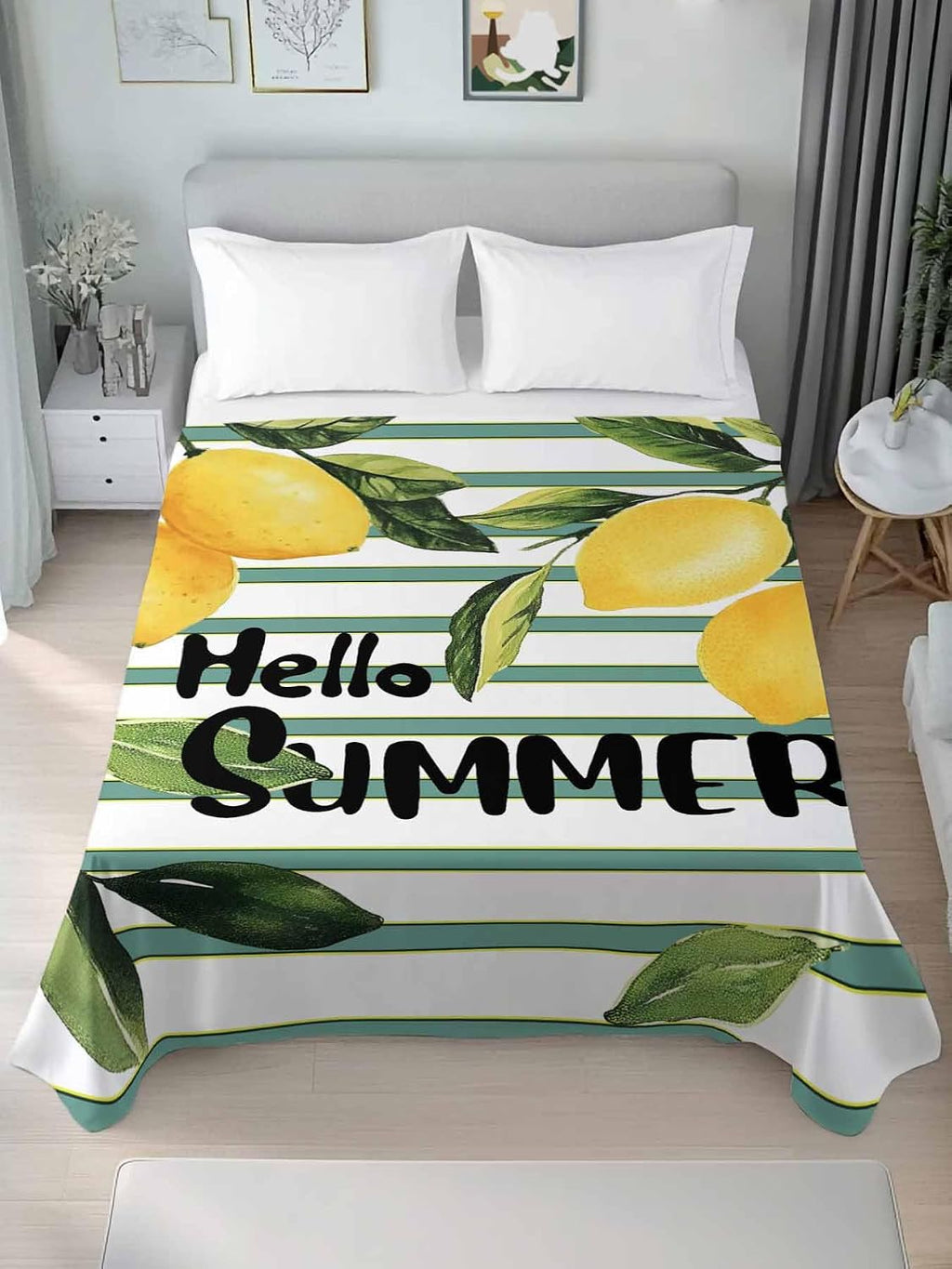 Flat Sheets Queen Size Bedding Sheet,Summer Yellow Lemon Leaf on Striped Soft Microfiber Breathable Top Sheets for Bedroom Hotel Luxury-1 Bed Flat Sheet Only,Farmhouse Fruit Theme