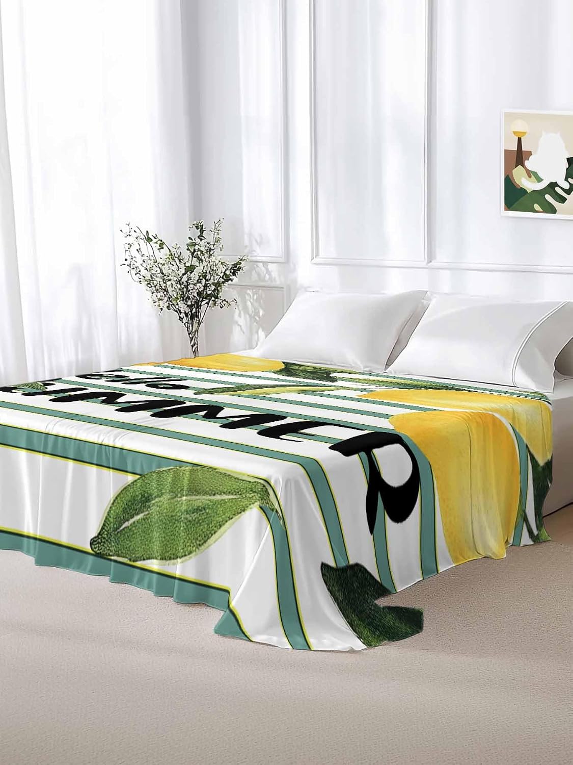Flat Sheets Queen Size Bedding Sheet,Summer Yellow Lemon Leaf on Striped Soft Microfiber Breathable Top Sheets for Bedroom Hotel Luxury-1 Bed Flat Sheet Only,Farmhouse Fruit Theme