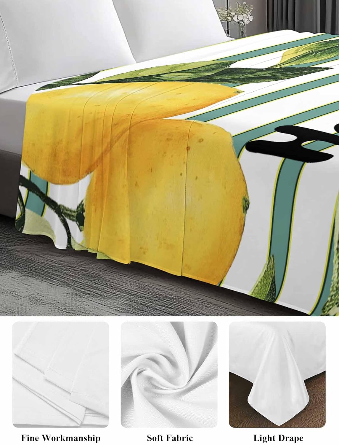 Flat Sheets Queen Size Bedding Sheet,Summer Yellow Lemon Leaf on Striped Soft Microfiber Breathable Top Sheets for Bedroom Hotel Luxury-1 Bed Flat Sheet Only,Farmhouse Fruit Theme