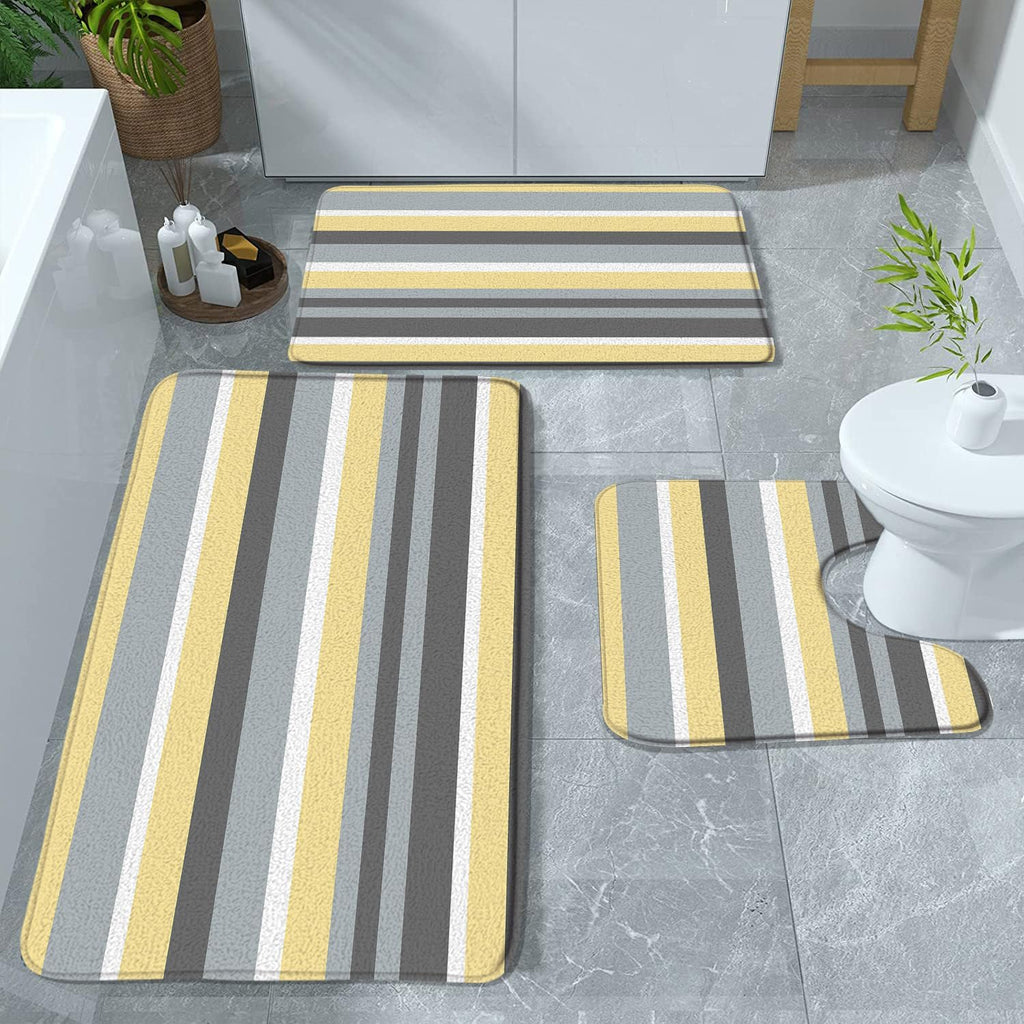 3 Piece Set Yellow Gray Bath Mat Modern Geometric Striped Contemporary Simple Fashion Boho Bathroom Rugs Toilet Bedroom Laundry Kitchen Doormat