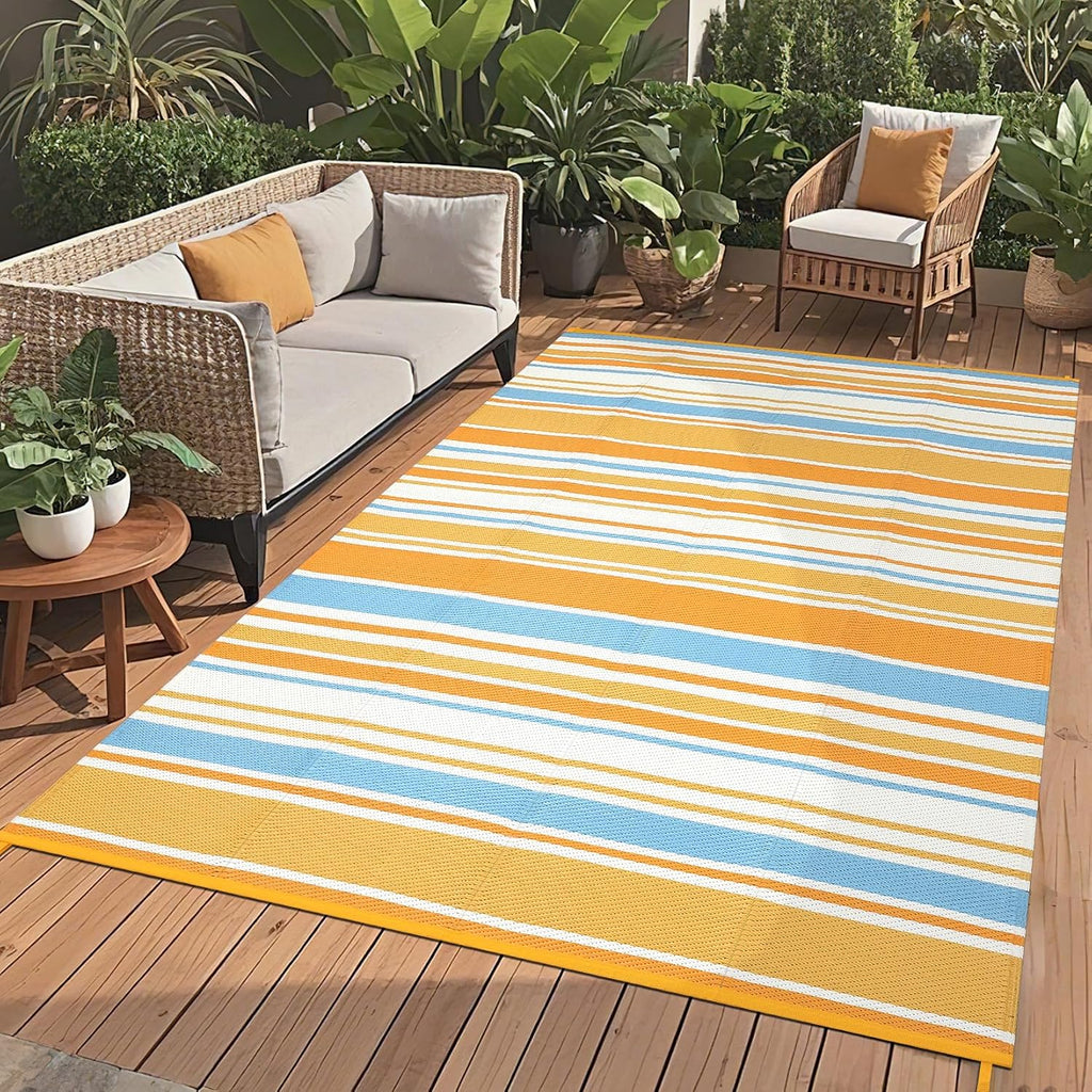 8x10 Large Outdoor Rug Waterproof for Patio Plastic Straw Rug Geometric Stripe Indoor Outdoor Area Rug Modern Lines Camping Rugs for RV Porch Deck Backyard Balcony, Orange Yellow Blue White
