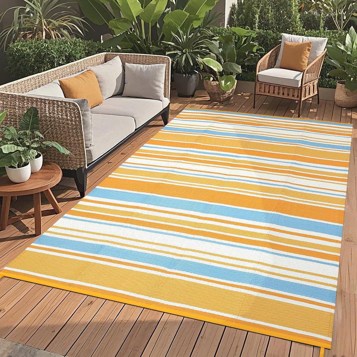 8x10 Large Outdoor Rug Waterproof for Patio Plastic Straw Rug Geometric Stripe Indoor Outdoor Area Rug Modern Lines Camping Rugs for RV Porch Deck Backyard Balcony, Orange Yellow Blue White