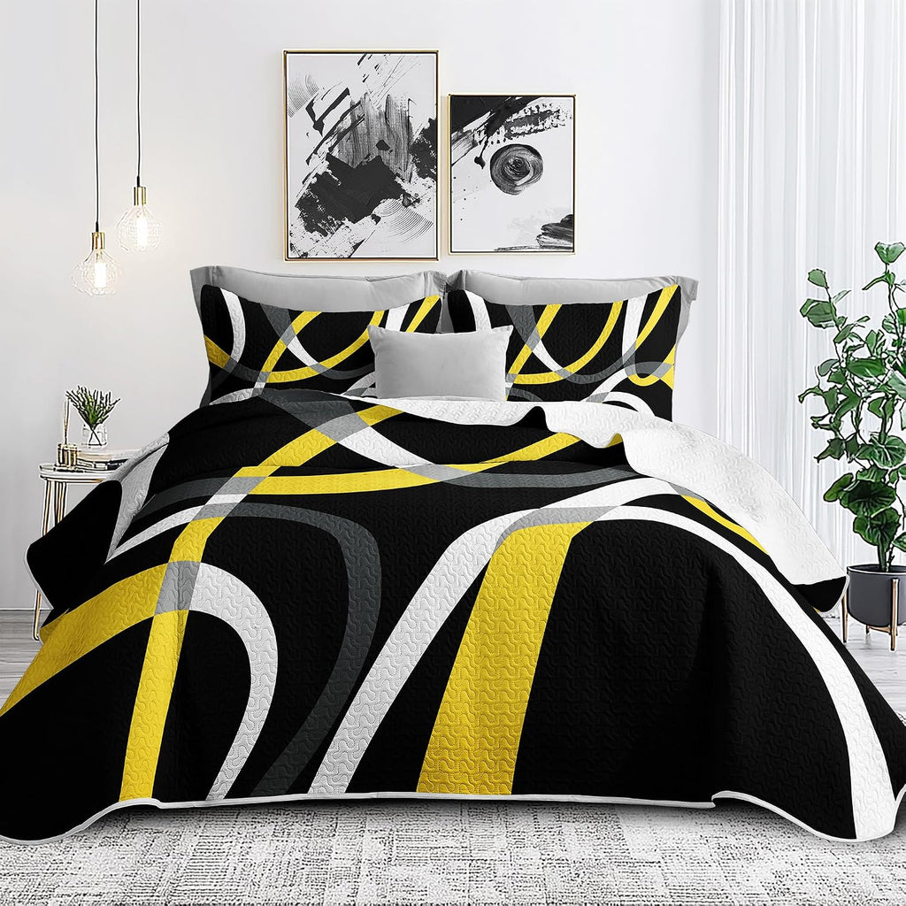 3 Piece Black Yellow Full Queen Quilt Reversible Bedding Set