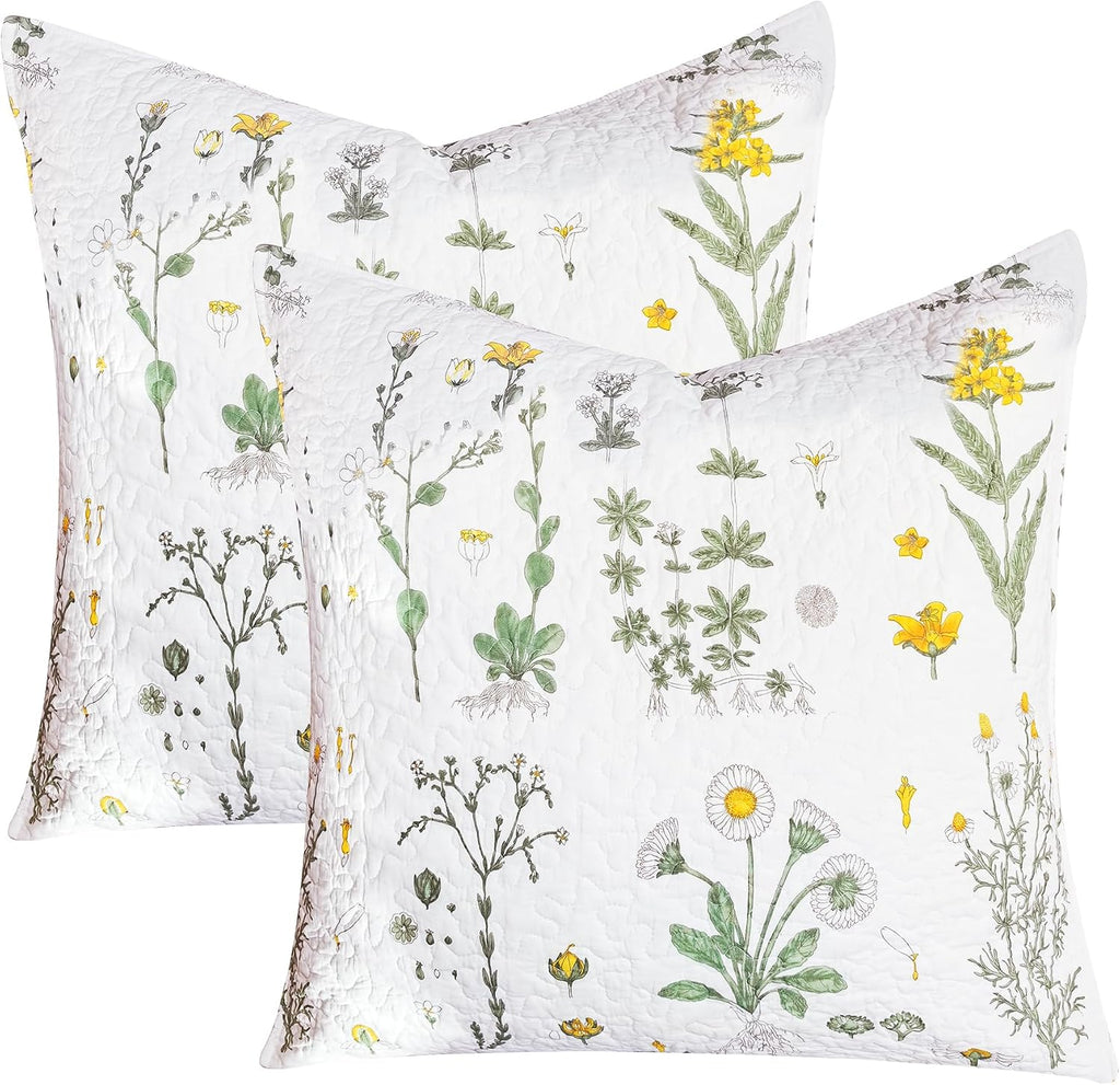 Sanracie Cotton Euro Pillow Shams (26"x26"), Embroidery Pattern Pillow Cases Extra Soft Breathable Zipper Closure Quilted Pillow Covers, Yellow Flowers, 2 Pcs