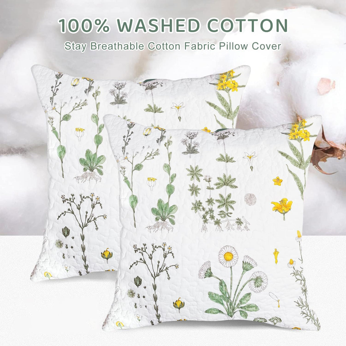 Sanracie Cotton Euro Pillow Shams (26"x26"), Embroidery Pattern Pillow Cases Extra Soft Breathable Zipper Closure Quilted Pillow Covers, Yellow Flowers, 2 Pcs