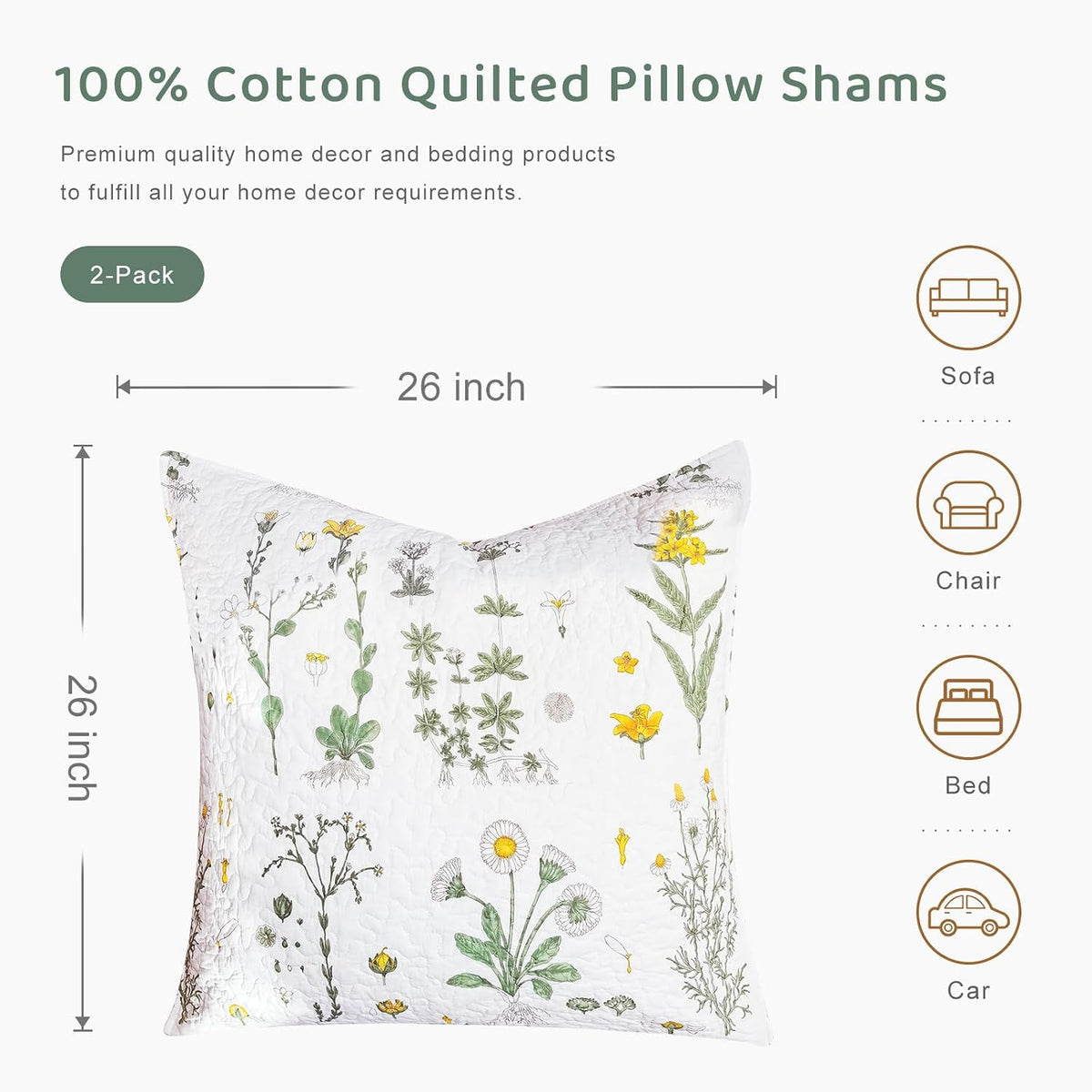 Sanracie Cotton Euro Pillow Shams (26"x26"), Embroidery Pattern Pillow Cases Extra Soft Breathable Zipper Closure Quilted Pillow Covers, Yellow Flowers, 2 Pcs