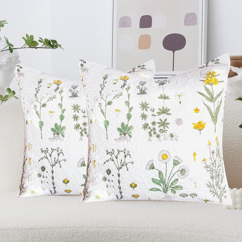 Sanracie Cotton Euro Pillow Shams (26"x26"), Embroidery Pattern Pillow Cases Extra Soft Breathable Zipper Closure Quilted Pillow Covers, Yellow Flowers, 2 Pcs