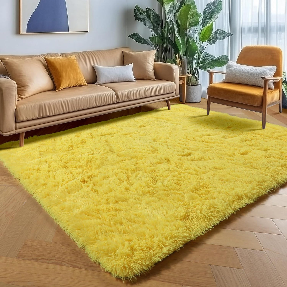 Yellow Rugs for Living Room Bedroom, 5x8 Fluffy Bedside Area Rug, Soft Plush Shaggy Indoor Floor Carpet for Nursery Kids Girls Boys Teen Dorm Home Office Decor Aesthetic