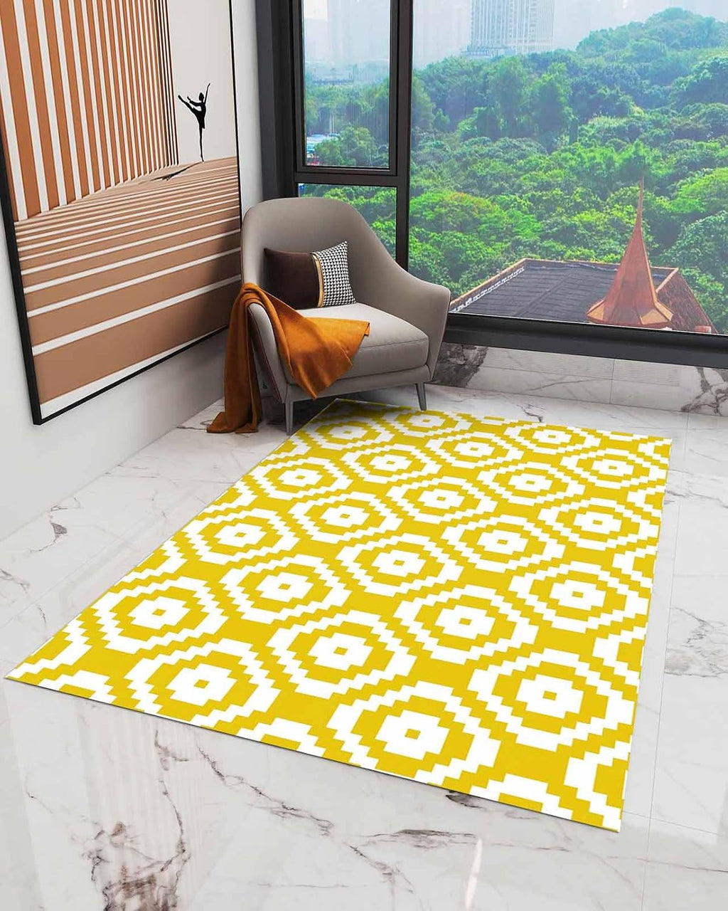 Modern Abstract Square Yellow White Area Rug, Living Room & Bedroom Decor, Geometric Texture Plush Carpet 32x60in